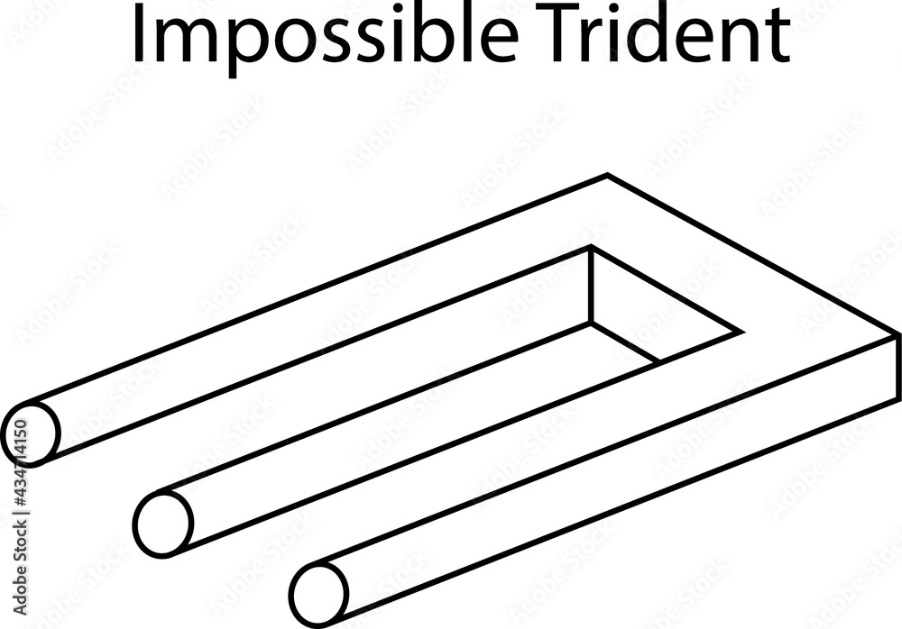 Impossible trident is drawing of impossible object, a kind of optical illusion. It to have three cylindrical prong at one end which then mysteriously transform into two rectangular prong at other end - obrazy, fototapety, plakaty 
