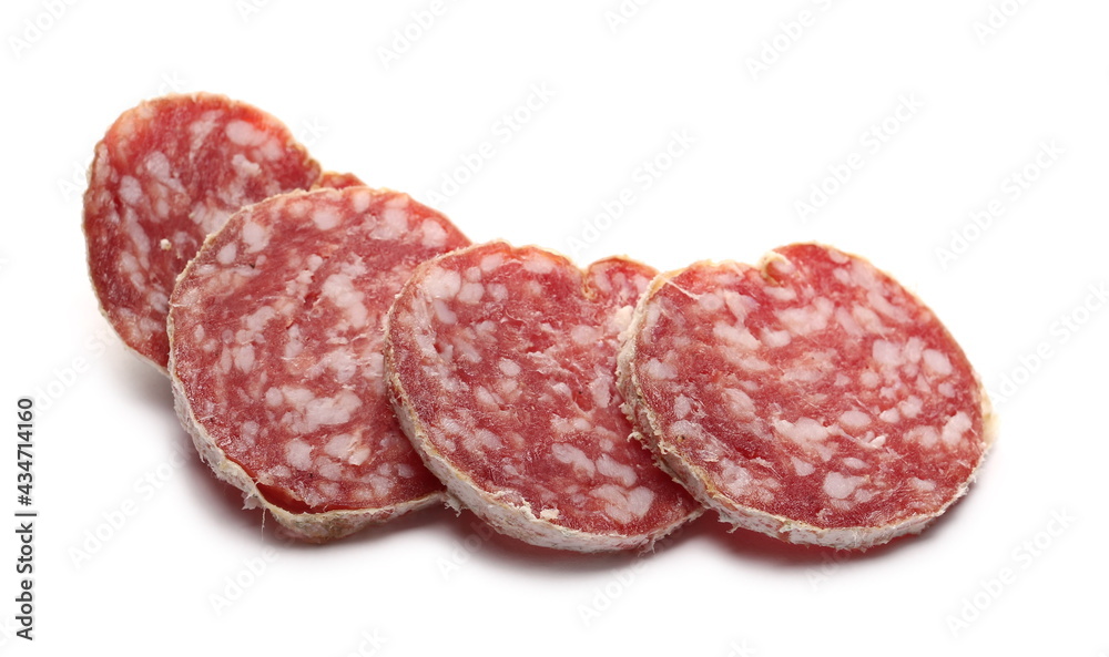 Fermented semi-hard dried sausage slices, pig meat isolated on white background