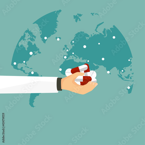 image of hand holding pills on world background, vector illustration