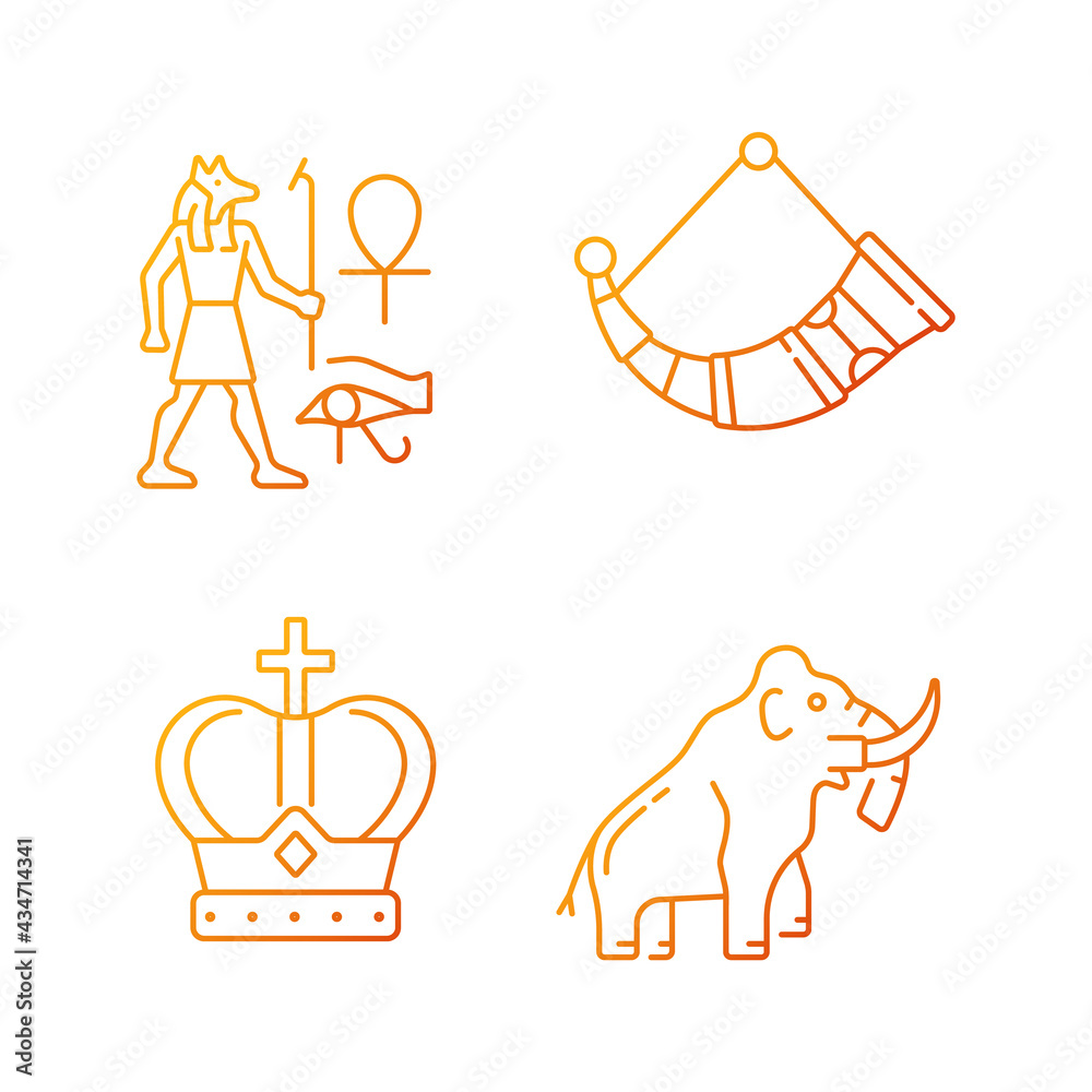 Ancestors heritage gradient linear vector icons set. Egyptian wall ...