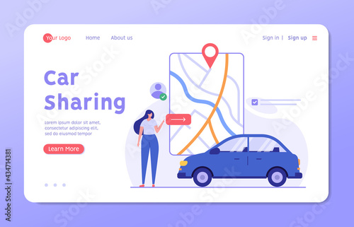 Woman looking for a car near her location. Concept of car rental, car sharing, driver services, taxi, sober driver, smart car, technology, check, geolocation. Vector illustration in flat design
