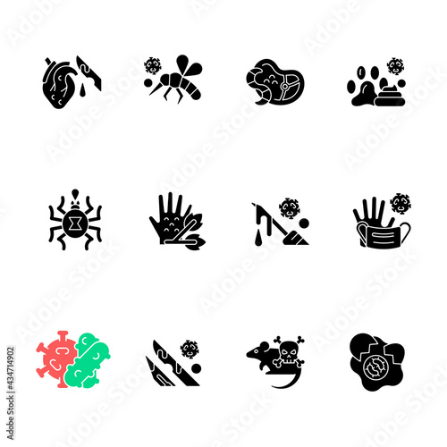 Biohazard black glyph icons set on white space. Insects that carry infected blood. Dangerous virus spreading. Waste from human body parts. Health care. Silhouette symbols. Vector isolated illustration