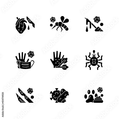 Biohazardous waste black glyph icons set on white space. Spreading viruses biological risk. Toxic medical equipment waste. Animal borne illness. Silhouette symbols. Vector isolated illustration