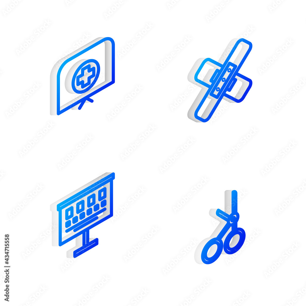 Set Isometric line Crossed bandage plaster, Nurse hat with cross, Eye test chart and Medical scissors icon. Vector Set Isometric line Crossed bandage plaster, Nurse hat with cross, Eye test chart and Medical scissors icon. Vector