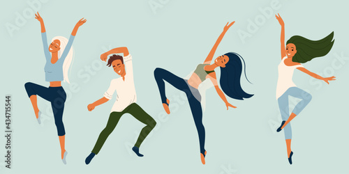 Girl and guy dancers in different poses, set of vector characters in flat style, collection of modern dancers.