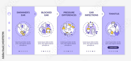 Common ear conditions onboarding vector template. Responsive mobile website with icons. Web page walkthrough 5 step screens. Swimmer ear, pressure differences color concept with linear illustrations