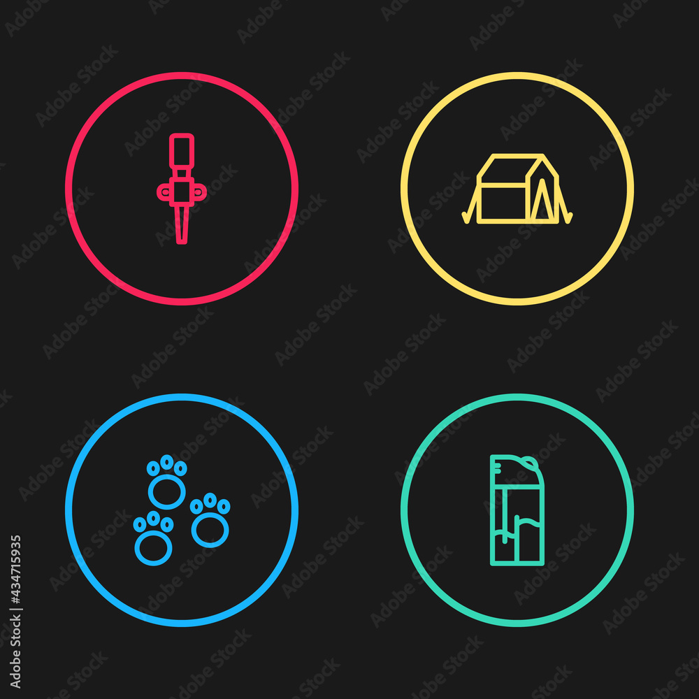 Set line Paw print, Lighter, Tourist tent and Torch flame icon. Vector Set line Paw print, Lighter, Tourist tent and Torch flame icon. Vector