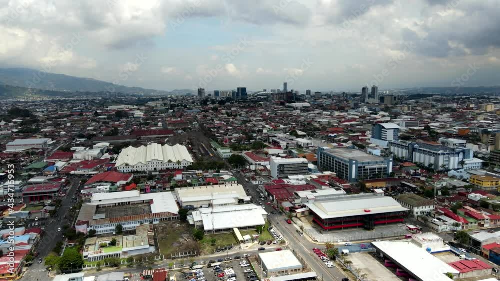 Beautiful cinematic aerial view of the City of San Jose Costa Rica, its buildings, Sabana Park and National Stadium 
