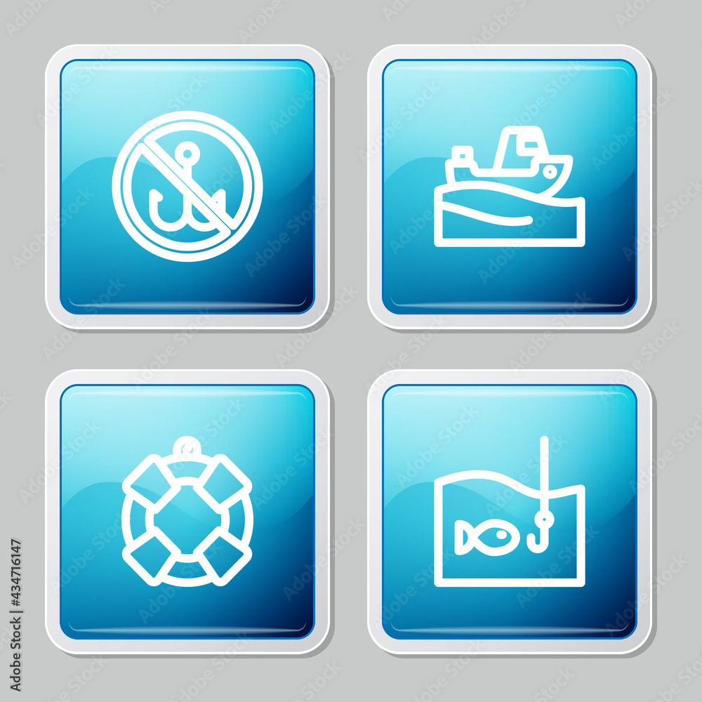 Set line No fishing, Fishing boat on water, Lifebuoy and hook with icon. Vector