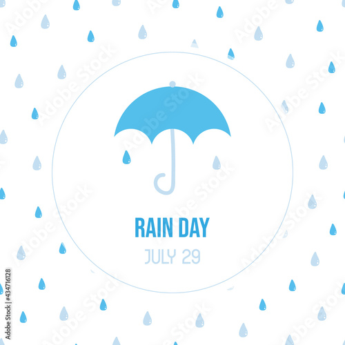 Rain Day vector cartoon style greeting card, illustration with umbrella and rain, water drops seamless pattern background. July 29.