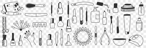 Equipment for manicure doodle set. Collection of hand drawn various tools as nail polish machines lamps scissors for making professional manicure in beauty salon isolated on transparent background 