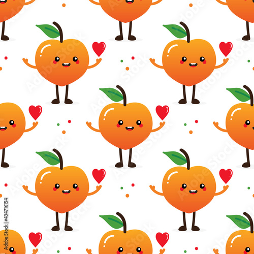 Cute cartoon smiling peach fruit character holding in hand red heart vector seamless pattern background.
