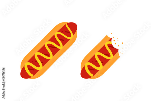 Hot dog whole and half-eaten with mustard sauce cute carton style vector icons, illustration. 