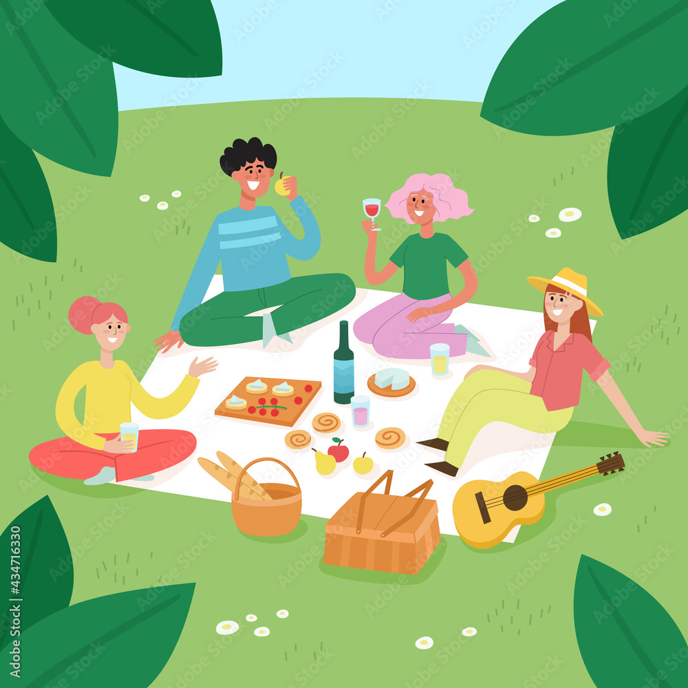 Fototapeta premium Vector illustration of picnic outdoor weekend with friends in park.