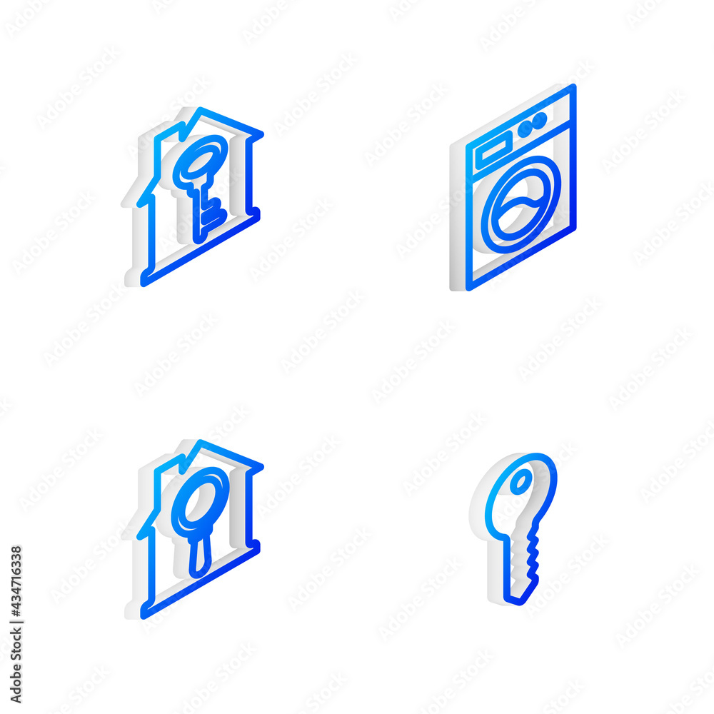 Set Isometric line Washer, House with key, Search house and icon. Vector Set Isometric line Washer, House with key, Search house and icon. Vector