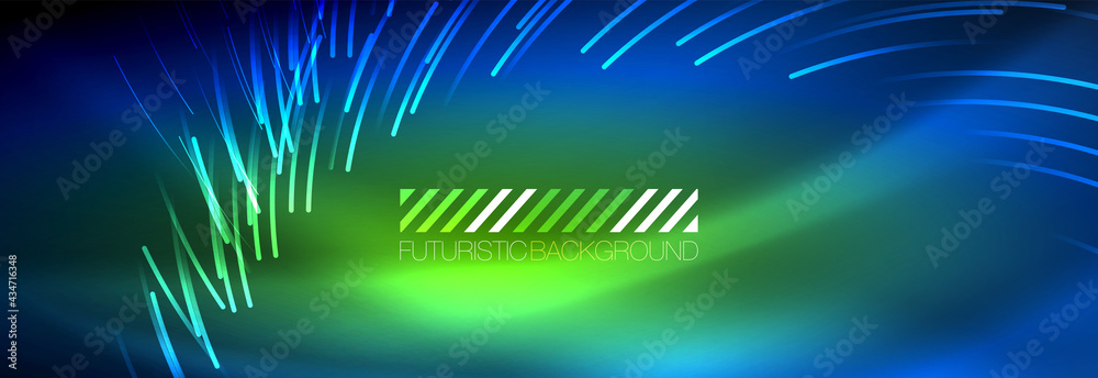 Neon glowing lines, magic energy and light motion background. Vector wallpaper template Neon glowing lines, magic energy and light motion background. Vector wallpaper template