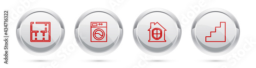 Set line House plan, Washer, under protection and Staircase. Silver circle button. Vector