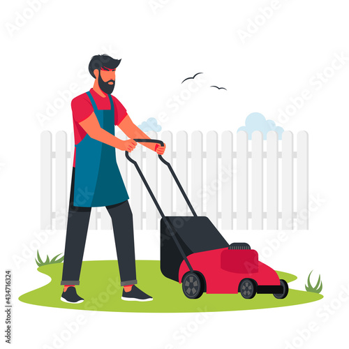 Man Mowing The Lawn in front of the fence. Professional gardener using garden machinery, equipment and tools: mowing, cutting, trimming grass and shrubbery. Vector illustration