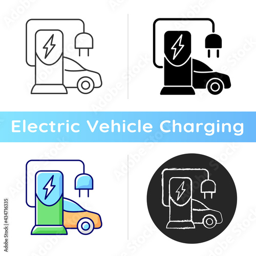 EV charging station icon. Place to charge battery of electromobile. Getting natural energy to ride car. Natural fuel. Linear black and RGB color styles. Isolated vector illustrations