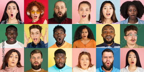 Portraits of group of people on multicolored background, collage.