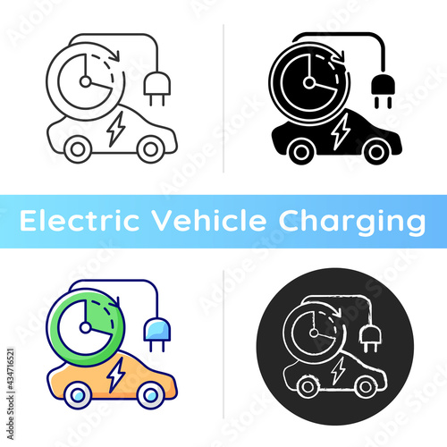 Charging time icon. Time spent to fill up battery of electromobile. Charging speed of electricity station. Natural fuel. Linear black and RGB color styles. Isolated vector illustrations