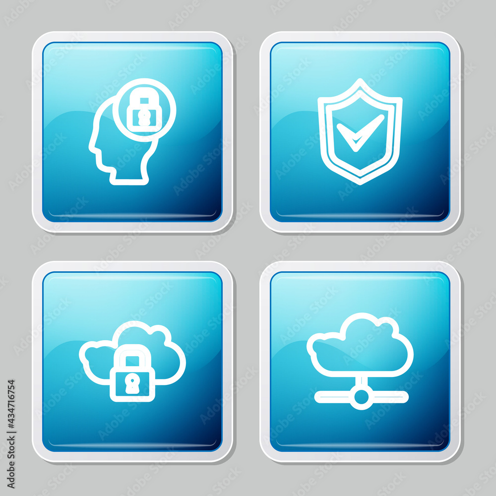 Set line Human head with lock, Shield check mark, Cloud computing and Network cloud connection icon. Vector Set line Human head with lock, Shield check mark, Cloud computing and Network cloud connection icon. Vector