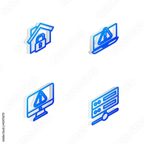 Set Isometric line Laptop with exclamation mark, House under protection, Monitor and Server, Data, Web Hosting icon. Vector © vector_v