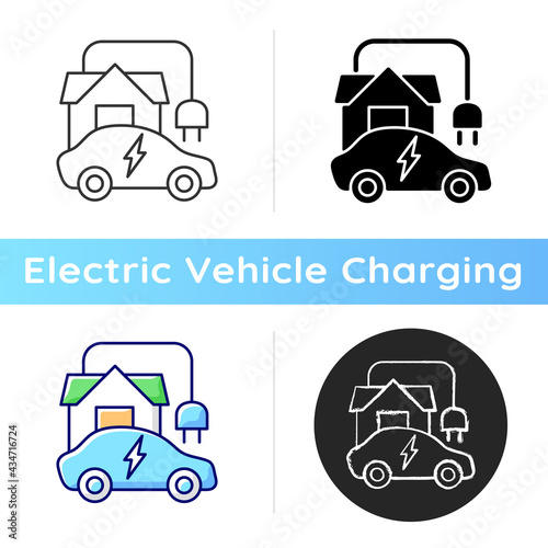 Home EV charging point icon. Fueling up electronic vehicle at home. Convinient place to charge electromobile. Natural fuel. Linear black and RGB color styles. Isolated vector illustrations