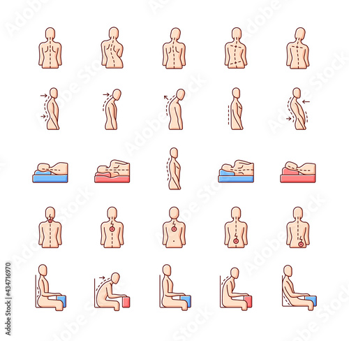 Back and posture problems RGB color icons set. Spinal abnormalities. Maintaining natural alignment. Sitting, sleeping position. Postural change. Roundback, hunchback. Isolated vector illustrations