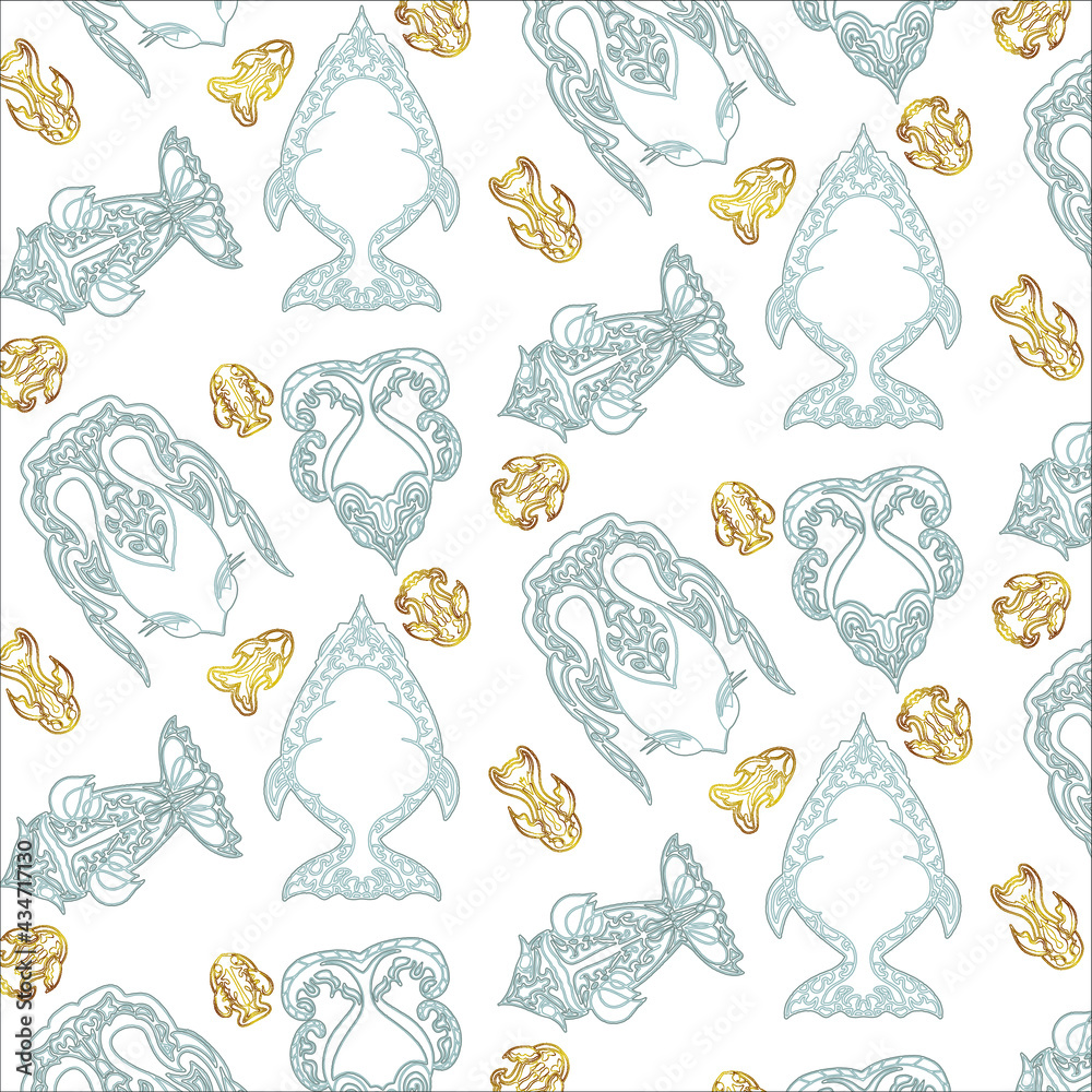 Seamless blue and gold pattern on the white background with fish