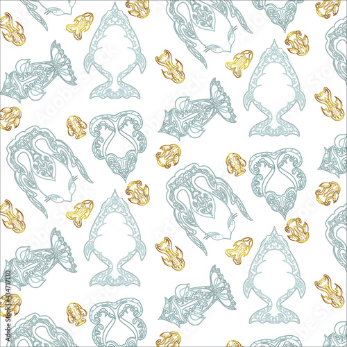 Seamless blue and gold pattern on the white background with fish