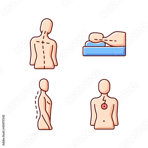 Postural dysfunction RGB color icons set. Head tilt. Incorrect sleeping position. Normal spinal anatomy. Chest pain. Muscle weakness. Affecting lungs, heart. Isolated vector illustrations