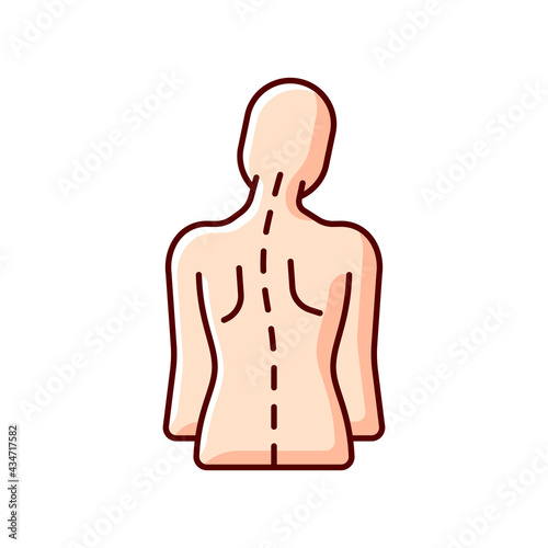Spinal abnormalities RGB color icon. Head tilt. Thoracic scoliosis. Muscle weakness. Scoliotic curve development. Muscle fatigue in back. Shooting pain down legs. Isolated vector illustration