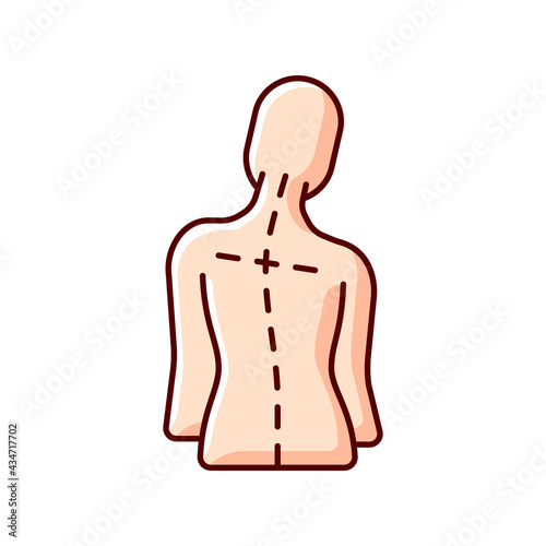 Uneven shoulders RGB color icon. Postural change. Difficulty walking. Back pain. Skeletal imbalances in body. Asymmetrical alignment. Unequal gaps between arms and trunk. Isolated vector illustration