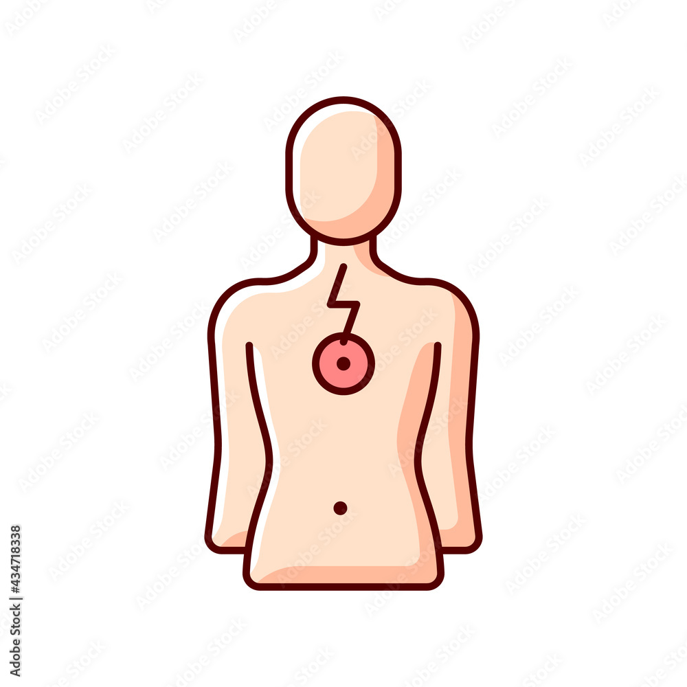 Chest pain RGB color icon. Affecting lungs and heart. Poor posture