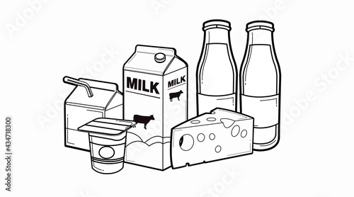 Milk Icon Set. Vector isolated black and white milk box or carton, milk bottles, yoghurt, cheese 