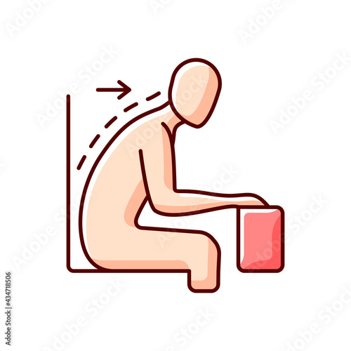 Forward tilted sitting position RGB color icon. Rounded shoulders and hunched stance. Slouched position at desk. Neck and back pain. Keeping spine misaligned. Isolated vector illustration