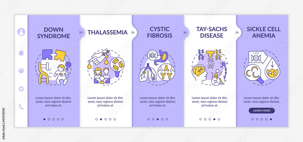 Common genetic diseases onboarding vector template. Responsive mobile website with icons. Web page walkthrough 5 step screens. Healthcare problem color concept with linear illustrations