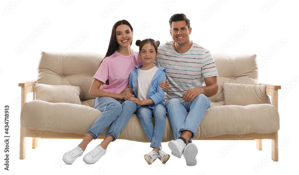 Happy family resting on comfortable sofa against white background Happy family resting on comfortable sofa against white background