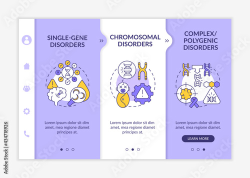 Different genetic disorders onboarding vector template. Responsive mobile website with icons. Web page walkthrough 3 step screens. Hereditary illness color concept with linear illustrations
