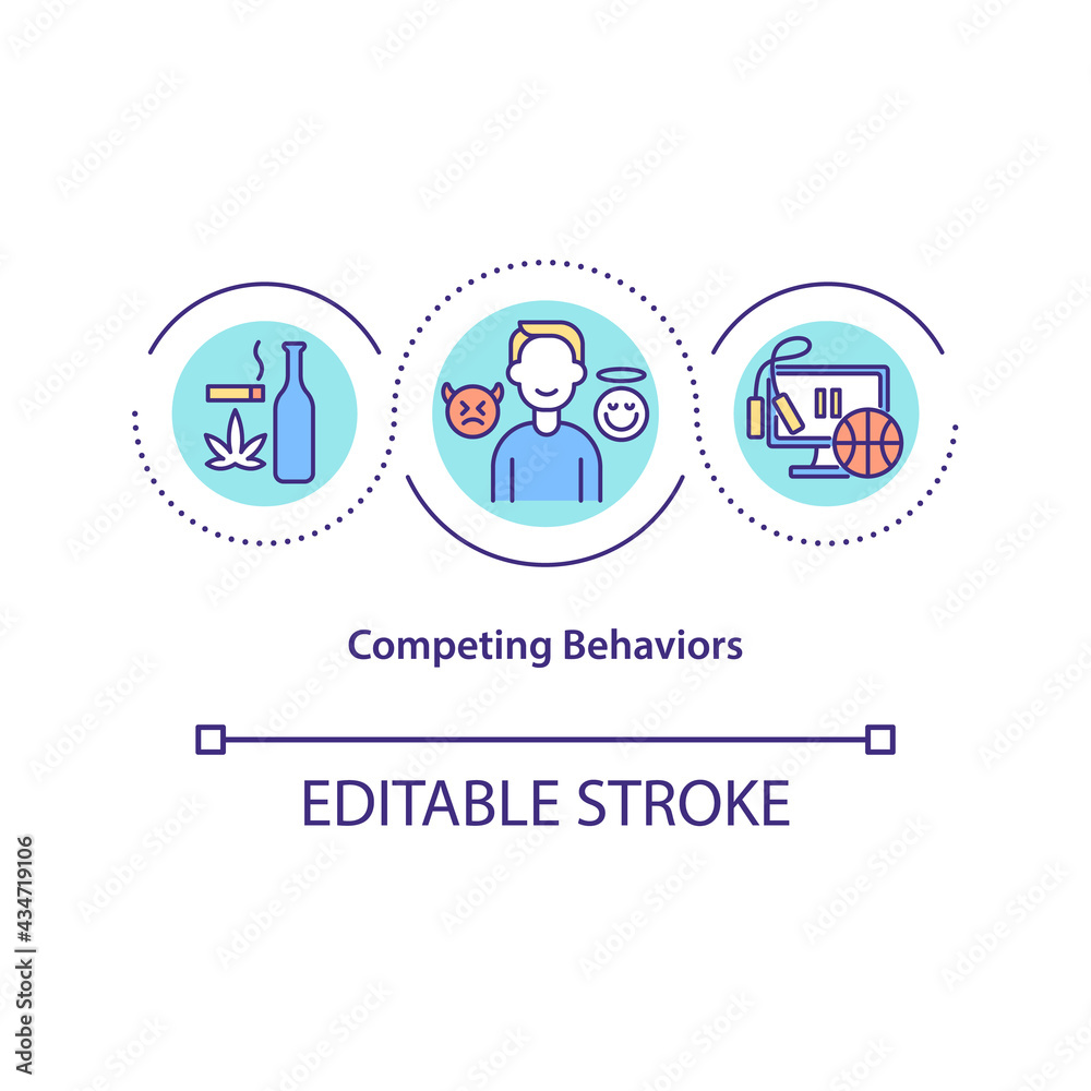 Competing behaviors concept icon. Negative and positive mood. Healthy habits. Self control strategy idea thin line illustration. Vector isolated outline RGB color drawing. Editable stroke Competing behaviors concept icon. Negative and positive mood. Healthy habits. Self control strategy idea thin line illustration. Vector isolated outline RGB color drawing. Editable stroke