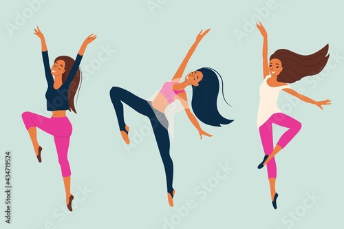 Young girl dancing modern dance, dancer in graceful pose, set of female characters in cartoon style, vector illustration, isolate.