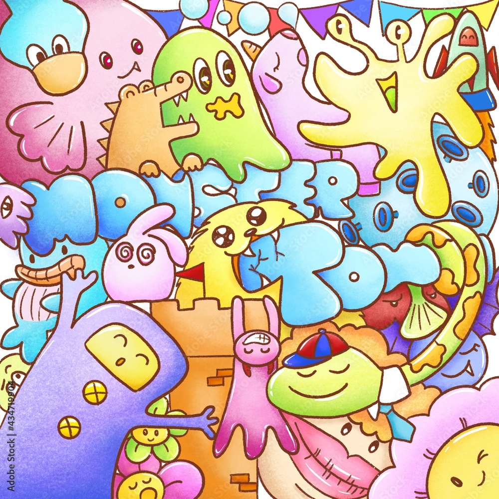Hand draw colorful cute monsters doodle fill in square white background.