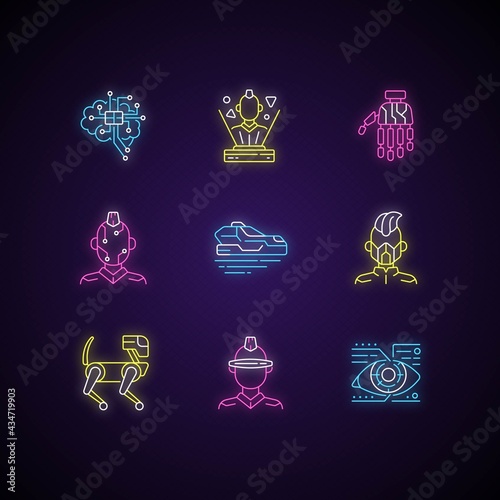 Cyberpunk attributes neon light icons set. Bionic limb. Science fiction. Futuristic technology. Cyborg body augmentation. Signs with outer glowing effect. Vector isolated RGB color illustrations