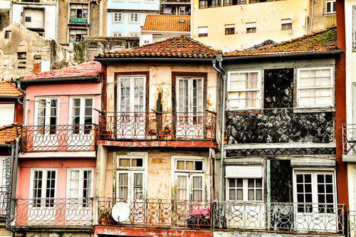 Old colorful tiled facades in Porto city