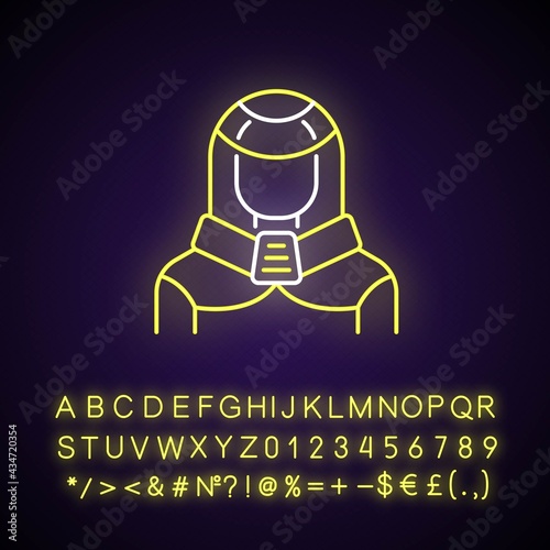 Protection suit neon light icon. Robotic person, cyborg. Human in cyberpunk costume. Outer glowing effect. Sign with alphabet, numbers and symbols. Vector isolated RGB color illustration