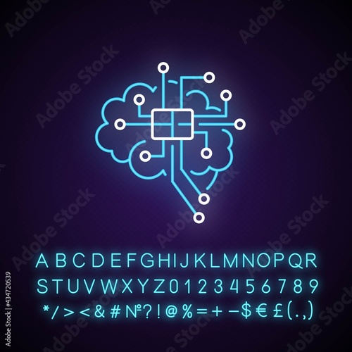 Brain microcircuit neon light icon. Innovative technology. Machine learning, AI. Outer glowing effect. Sign with alphabet, numbers and symbols. Vector isolated RGB color illustration
