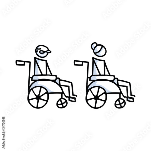 Drawn stick figure of old man and old woman in wheelchair. Elderly handicapped support illustrated vector sketchnote.