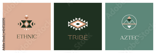 Tribal, ethnic logo design set, Aztec Mexican, African symbols, icons