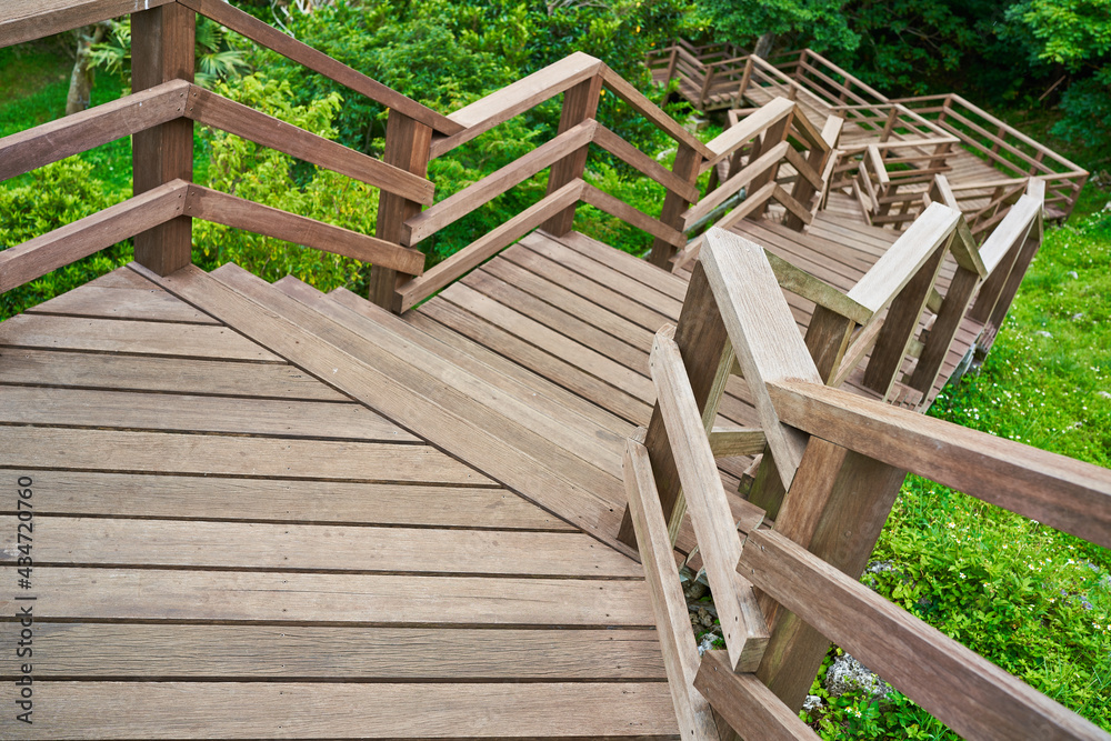 木造の長い階段を見下ろす